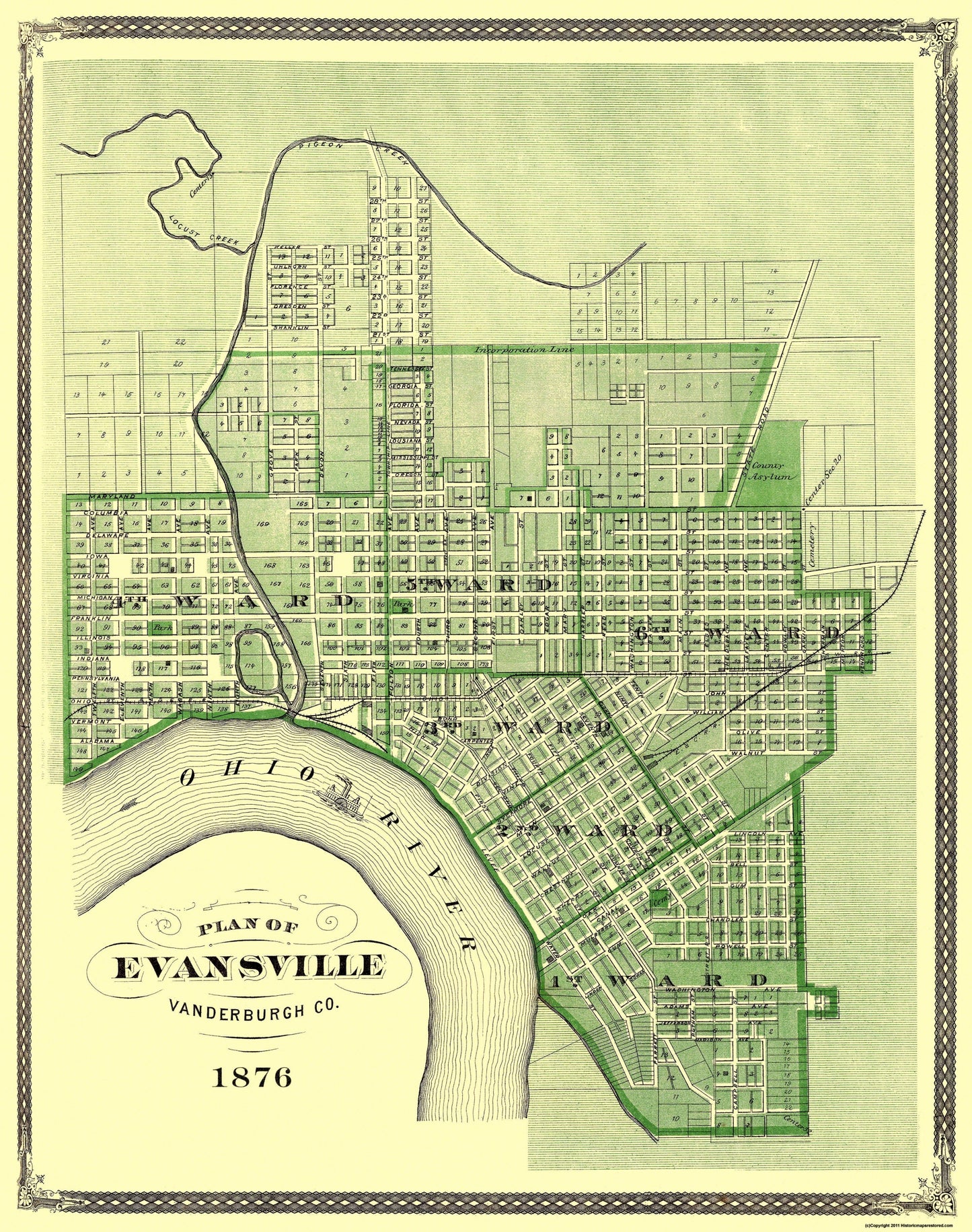 Historic City Map - Evansville Indiana - Baskin 1876 - 23 x 29.13 - Vintage Wall Art