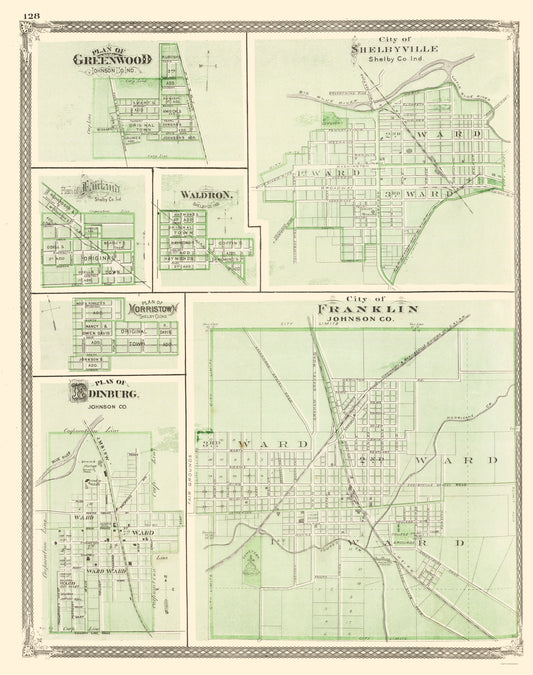 Historic City Map - Franklin Shelbyville Greenwood Edinburg Indiana - Baskin 1876 - 23x29 - Vintage Wall Art