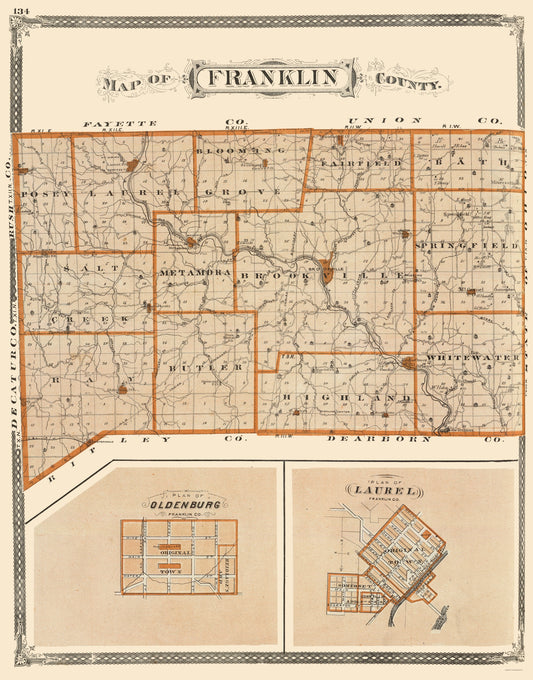 Historic County Map - Franklin County Indiana - Baskin 1876 - 23 x 29.32 - Vintage Wall Art