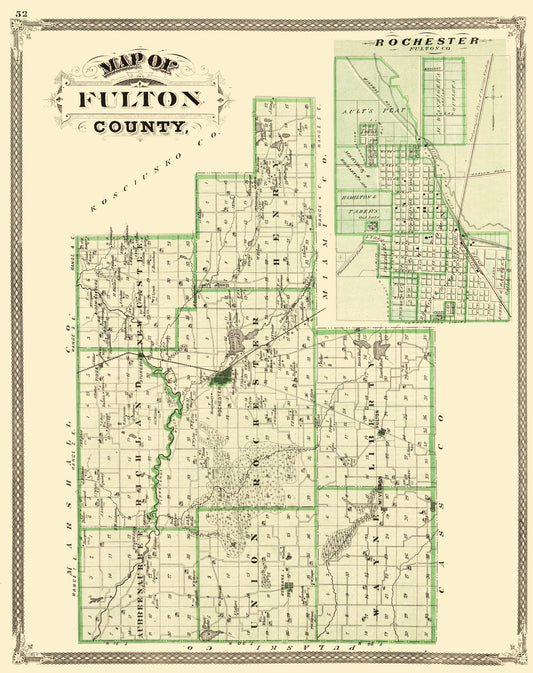 Historic County Map - Fulton County Indiana County - Baskin 1876 - 23 x 29.04 - Vintage Wall Art