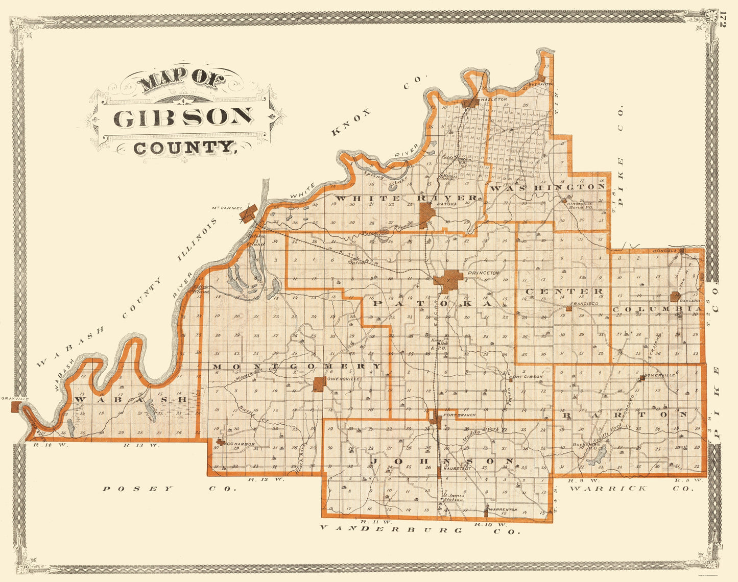 Historic County Map - Gibson County Indiana - Baskin 1876 - 23 x 29.15 - Vintage Wall Art