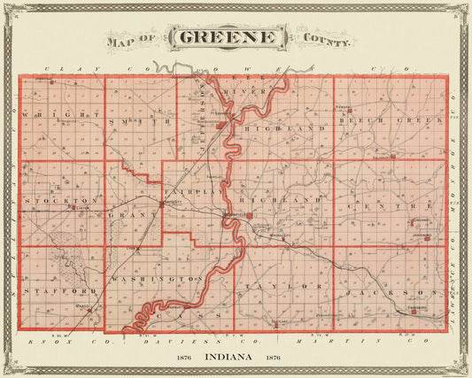 Historic County Map - Greene County Indiana - Andreas 1876 - 23 x 29 - Vintage Wall Art