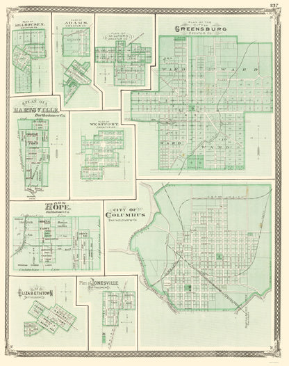 Historic City Map - Greensburg Columbus Hartsville Hope Indiana - Baskin 1876 - 23 x 29.06 - Vintage Wall Art