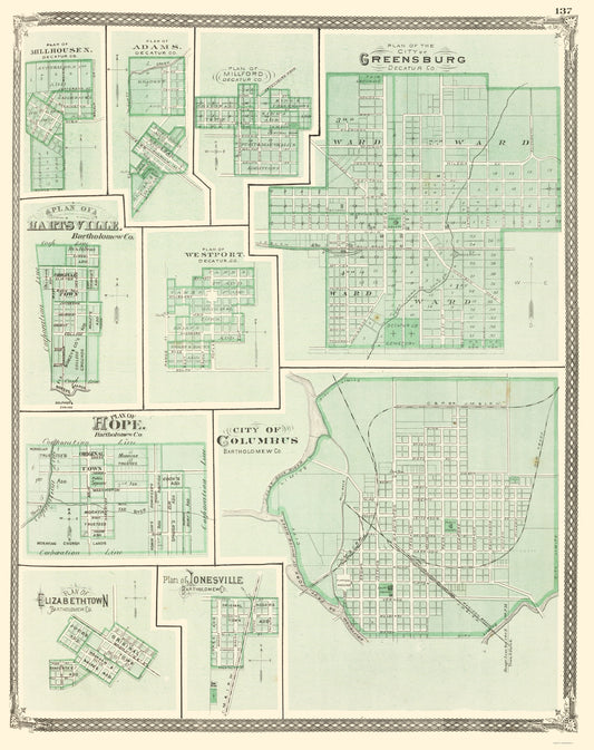 Historic City Map - Greensburg Columbus Hartsville Hope Indiana - Baskin 1876 - 23 x 29.06 - Vintage Wall Art