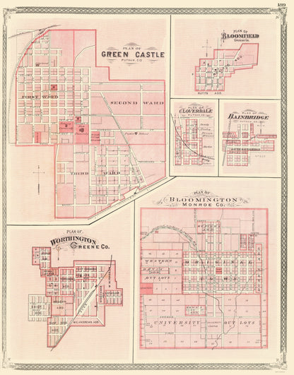 Historic City Map - Green Castle Bloomfield Cloverdale Indiana - Baskin 1876 - 23 x 29.39 - Vintage Wall Art