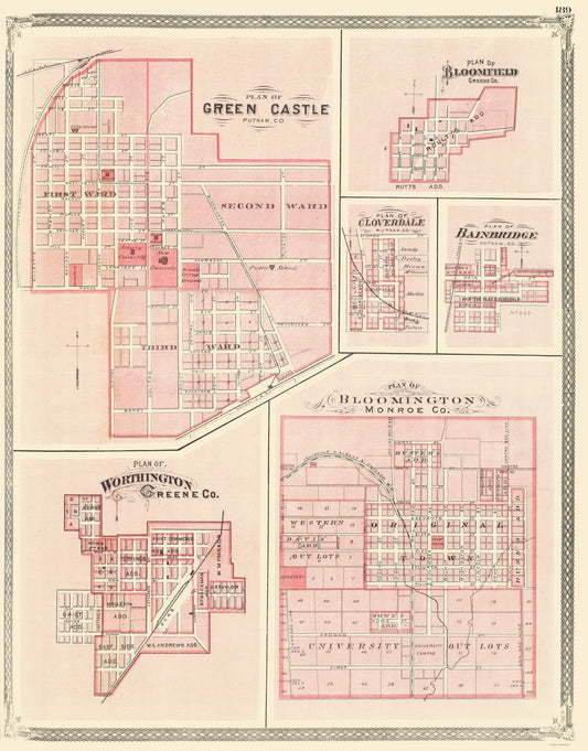 Historic City Map - Green Castle Bloomfield Cloverdale Indiana - Baskin 1876 - 23 x 29.39 - Vintage Wall Art