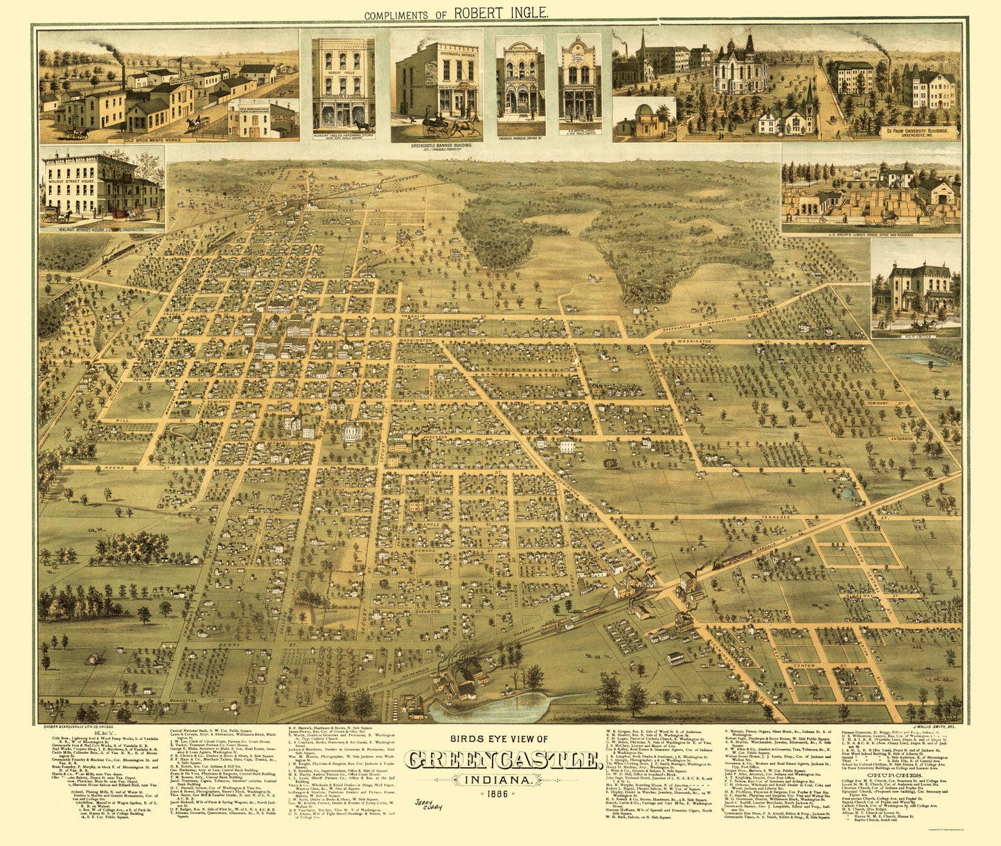 Historic Panoramic View - Greencastle Indiana - Shober 1886 - 23 x 27.21 - Vintage Wall Art