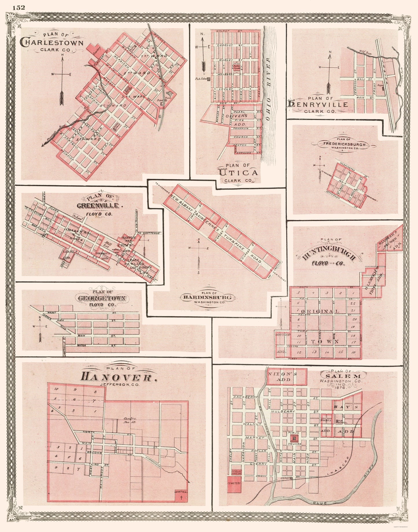 Historic City Map - Hanover Charlestown Utica Salem Greenville Indiana - Baskin 1876 - 23x29 - Vintage Wall Art