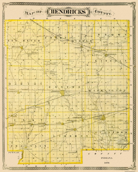 Historic County Map - Hendricks County Indiana - Andreas 1876 - 23 x 28.63 - Vintage Wall Art