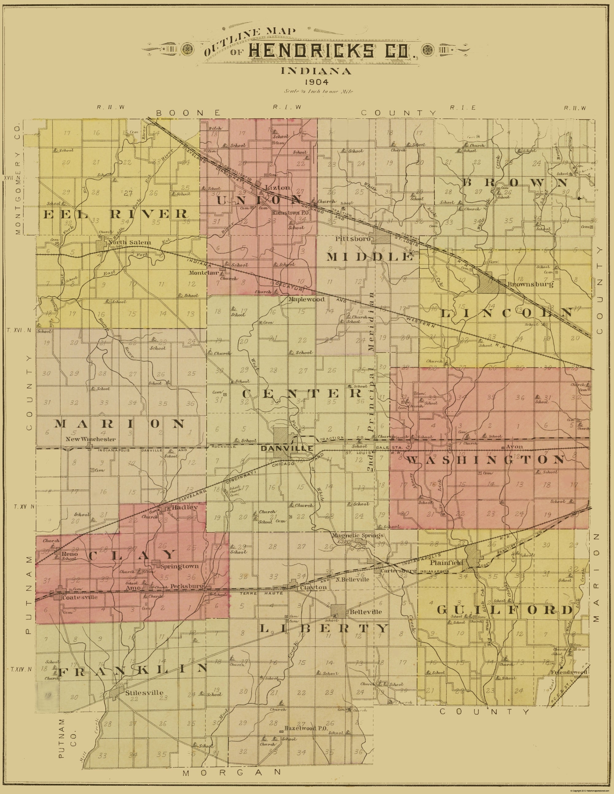 Historic County Map - Hendricks County Indiana - Ogle 1904 - 23 X 29.7 ...