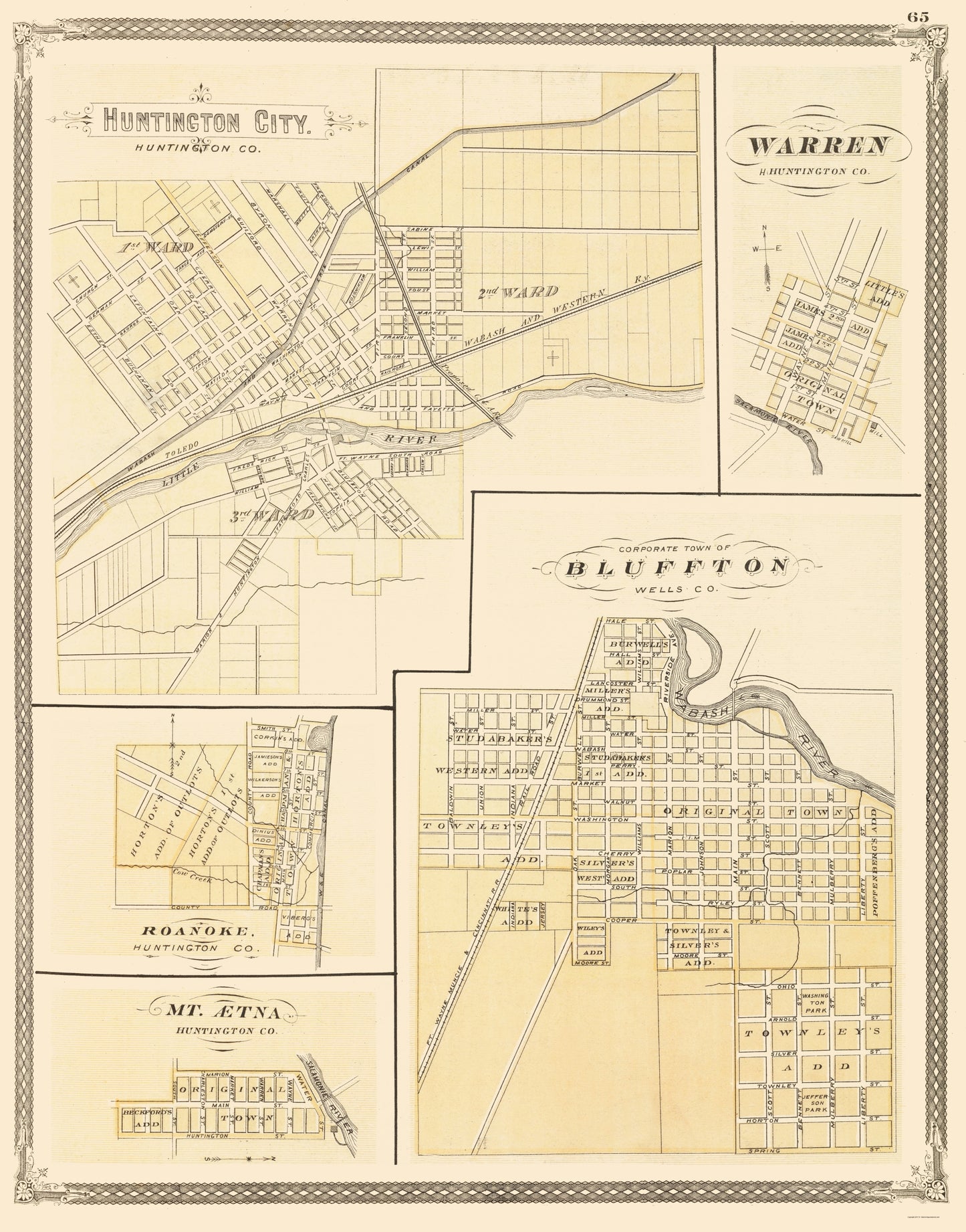 Historic City Map - Huntington Indiana - Baskin 1876 - 23 x 29.32 - Vintage Wall Art