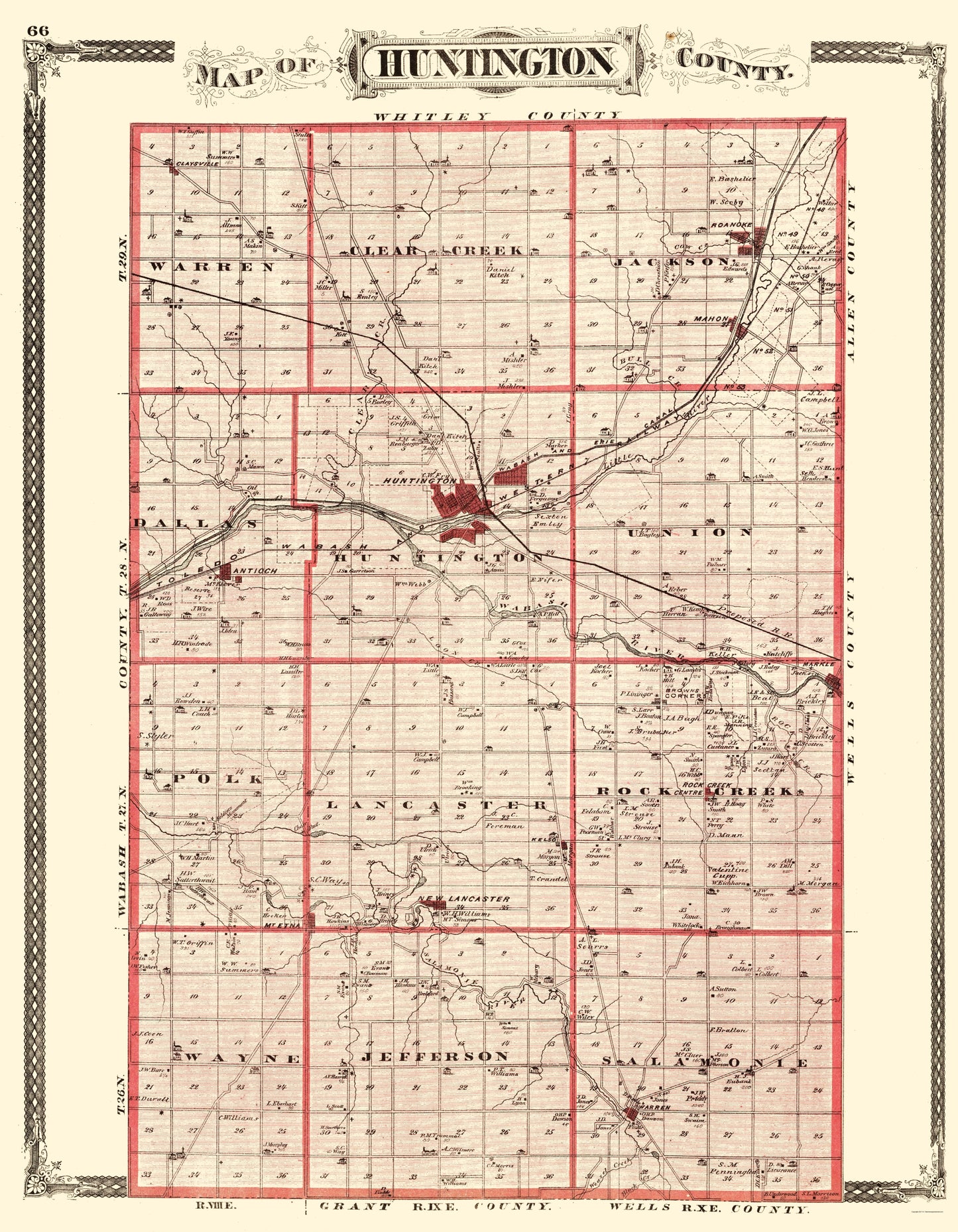 Historic County Map - Huntington County Indiana - Baskin 1876 - 23 x 29.58 - Vintage Wall Art