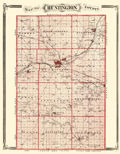 Historic County Map - Huntington County Indiana - Baskin 1876 - 23 x 29.58 - Vintage Wall Art
