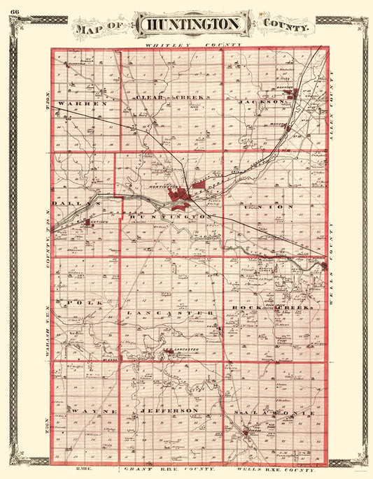 Historic County Map - Huntington County Indiana - Baskin 1876 - 23 x 29.58 - Vintage Wall Art