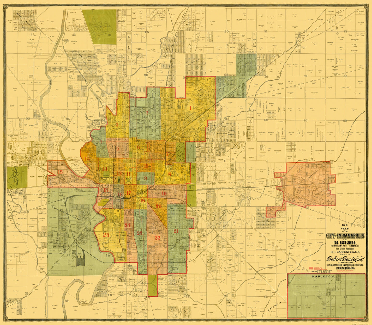 Historic City Map - Indianapolis Indiana - Baker 1889 - Vintage Wall A ...