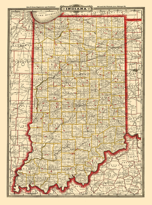Railroad Map - Indiana Railroads - Cram 1888 - 23 x 31.13 - Vintage Wall Art