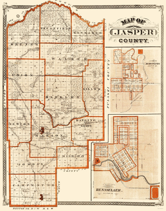 Historic County Map - Jasper County Indiana - Baskin 1876 - 23 x 29.22 - Vintage Wall Art