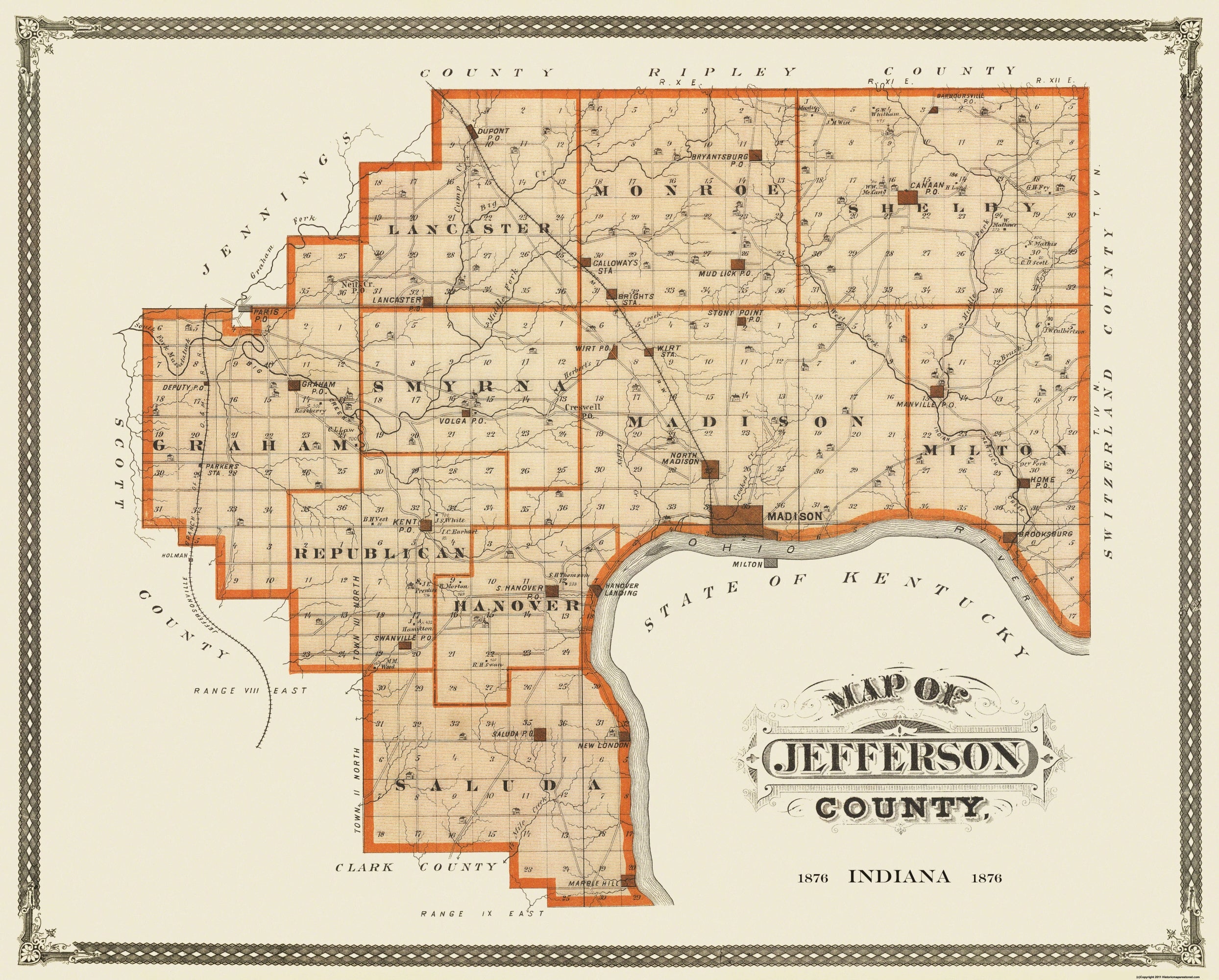 Historic County Map - Jefferson County Indiana - Andreas 1876 - 28.63 ...