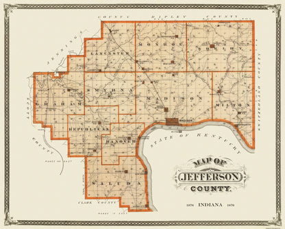 Historic County Map - Jefferson County Indiana - Andreas 1876 - 28.63 x 23 - Vintage Wall Art