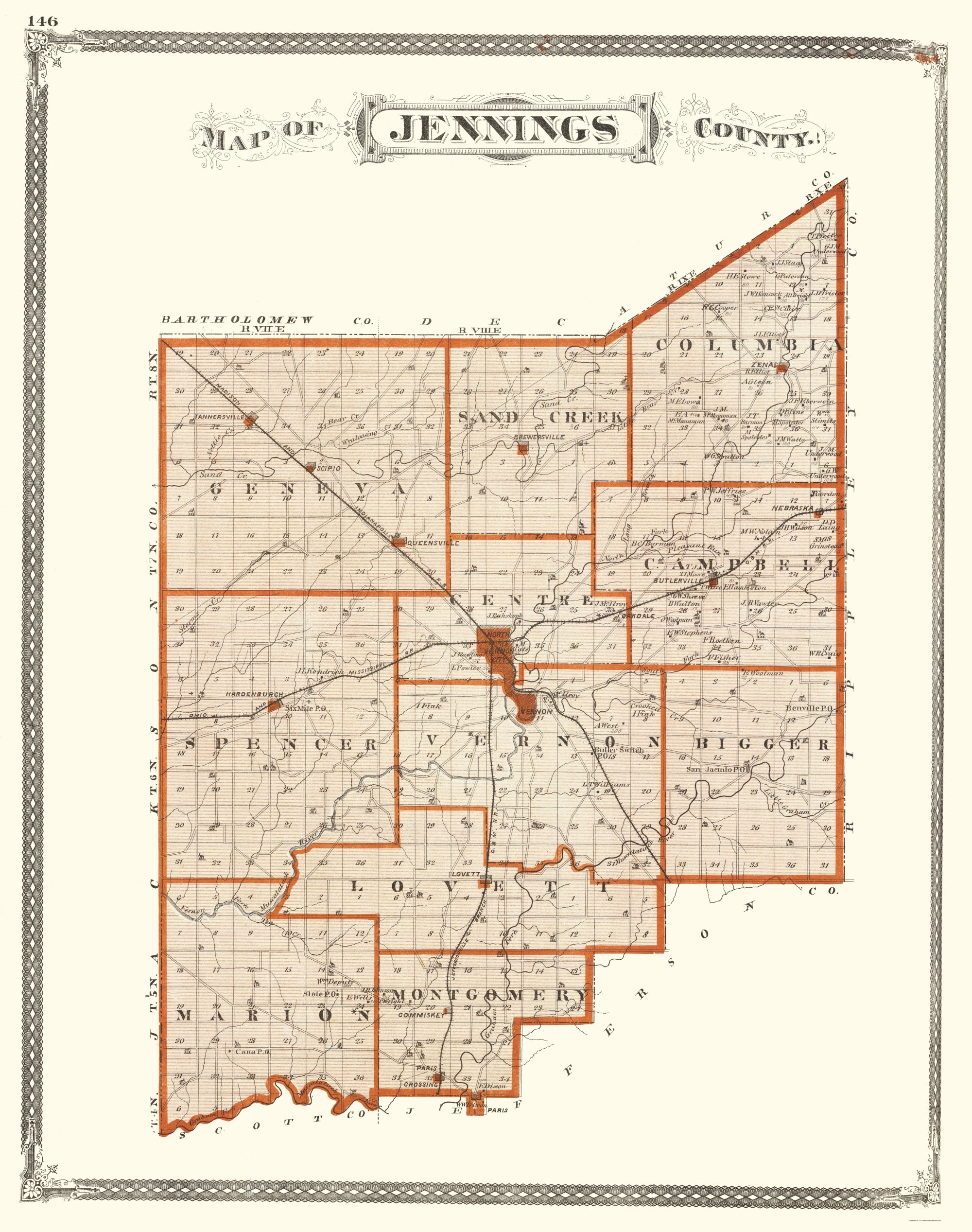 Historic County Map - Jennings County Indiana - Baskin 1876 - 23 x 29 ...