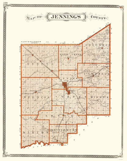 Historic County Map - Jennings County Indiana - Baskin 1876 - 23 x 29.15 - Vintage Wall Art
