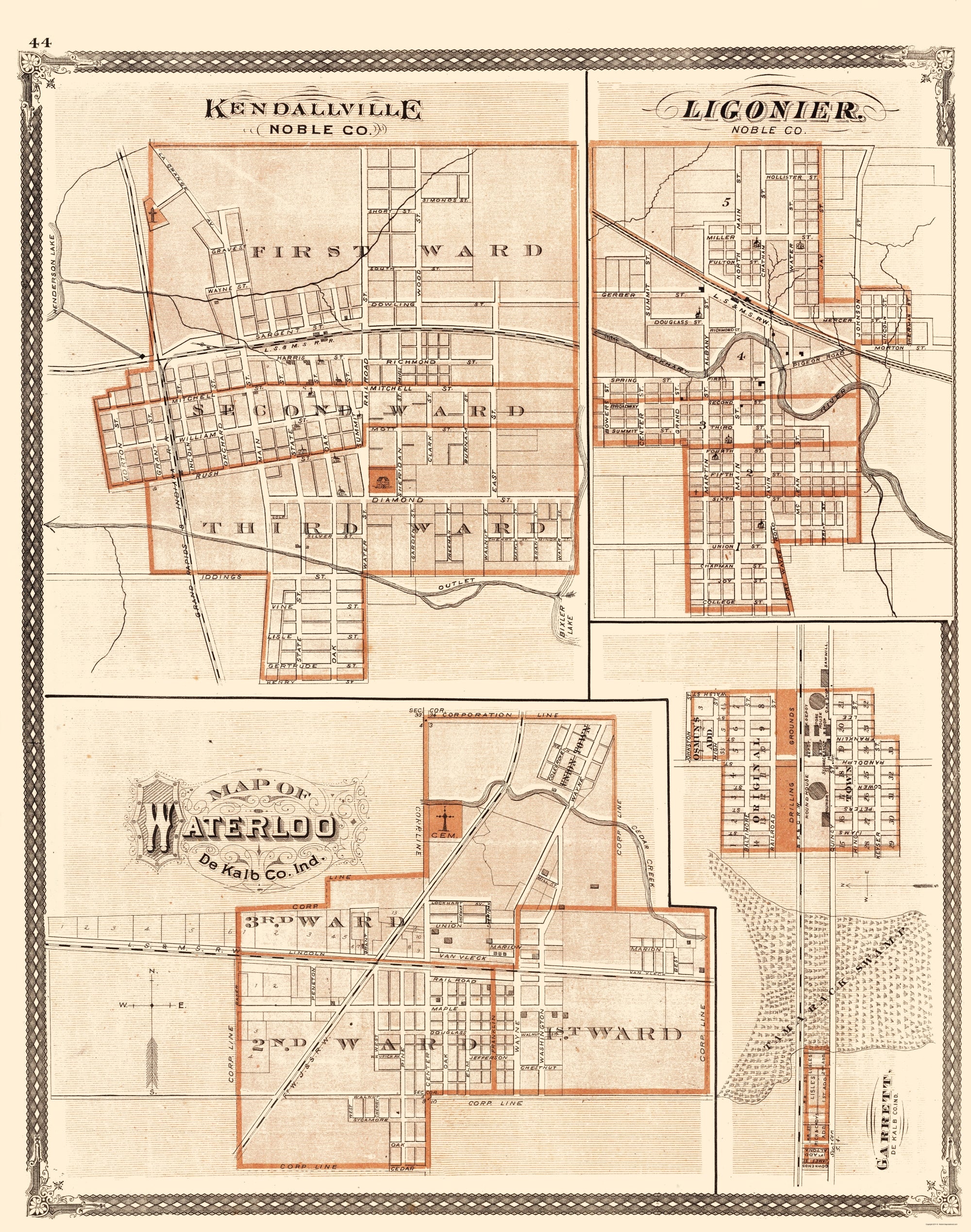 Historic City Map - Kendallville Ligonier Waterloo Garrett Indiana - B ...