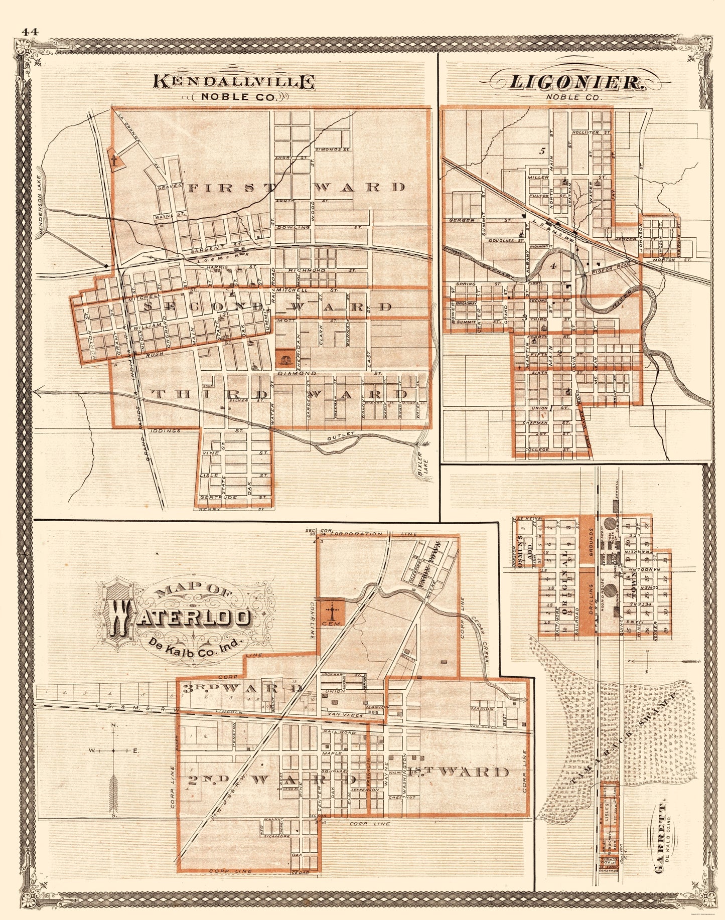 Historic City Map - Kendallville Ligonier Waterloo Garrett Indiana - Baskin 1876 - 23x29 - Vintage Wall Art