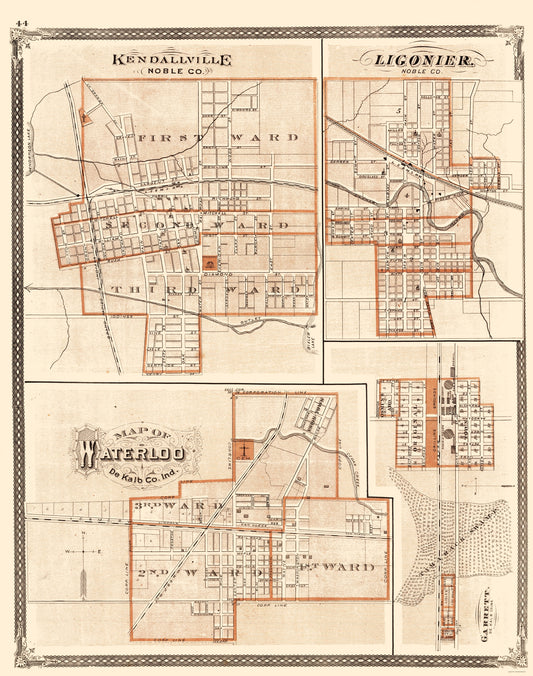 Historic City Map - Kendallville Ligonier Waterloo Garrett Indiana - Baskin 1876 - 23x29 - Vintage Wall Art