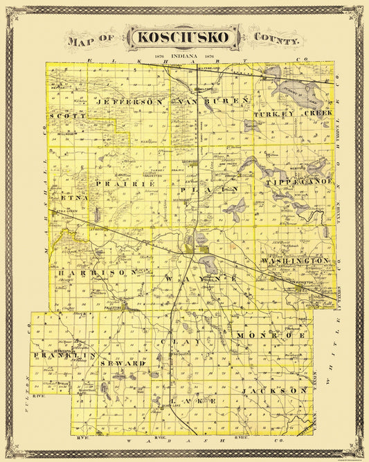 Historic County Map - Kosciusko County Indiana - Andreas 1876 - 23 x 28.75 - Vintage Wall Art