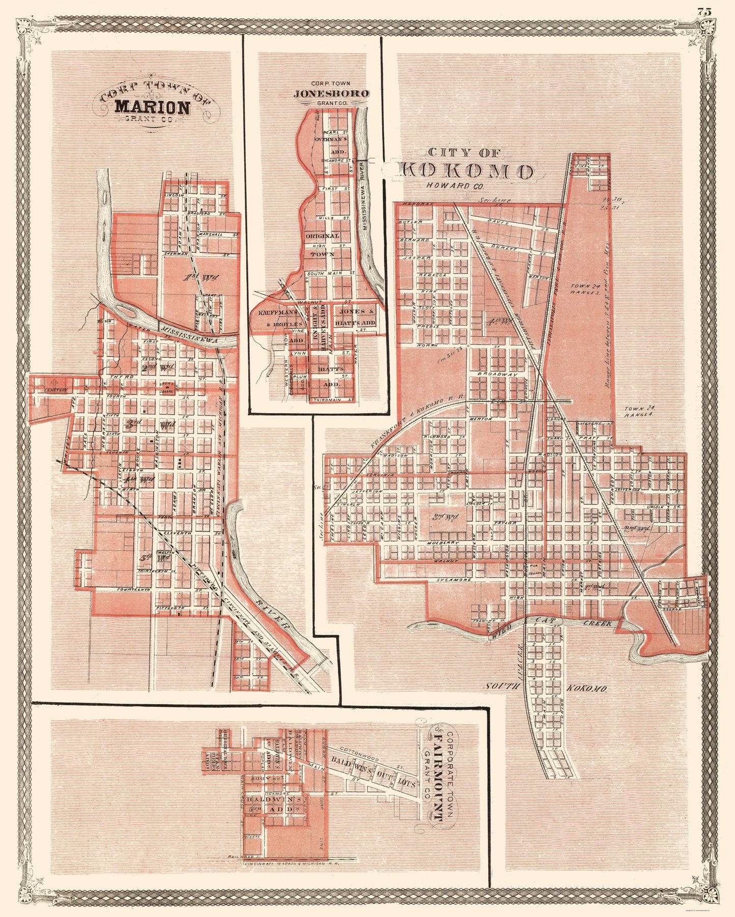 Historic City Map - Kokomo Indiana - Baskin 1876 - 23 x 28.68 - Vintage Wall Art