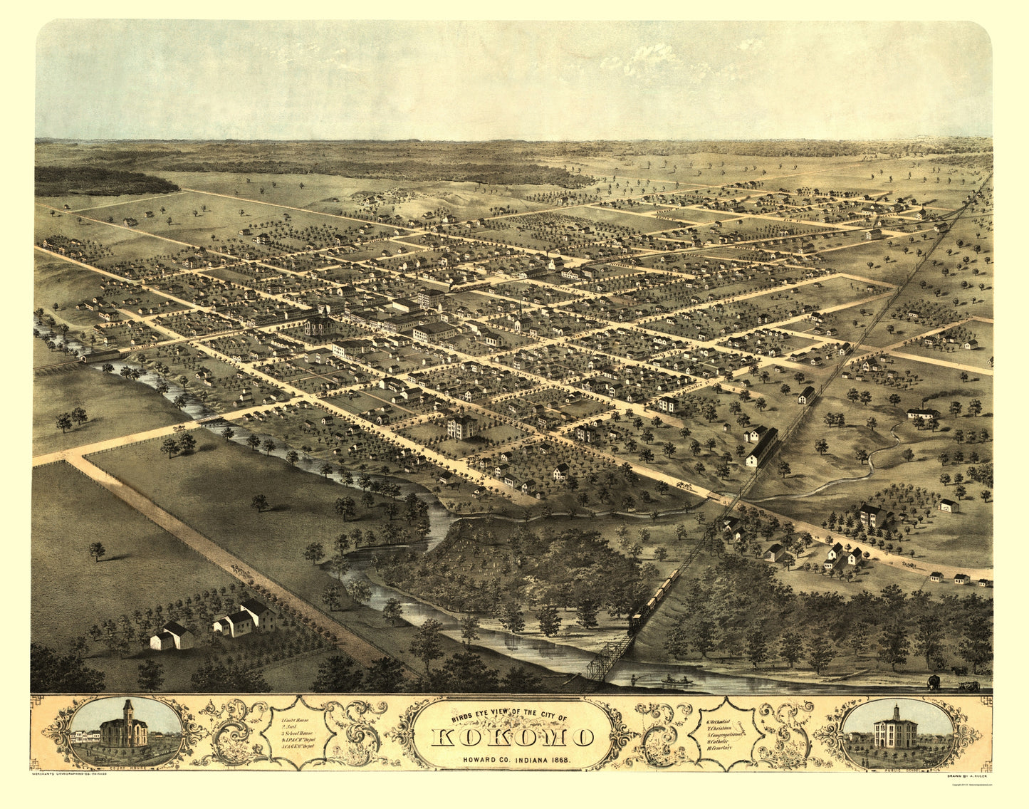 Historic Panoramic View - Kokomo Indiana - Ruger 1868 - 23 x 29.25 - Vintage Wall Art