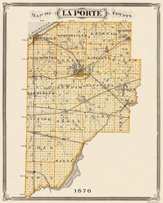 Historic County Map - La Porte County Indiana - Andreas 1876 - 23 x 28.56 - Vintage Wall Art