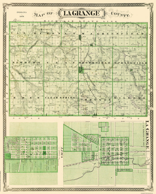 Historic County Map - Lagrange County Indiana - Andreas 1876 - 23 x 28.5 - Vintage Wall Art