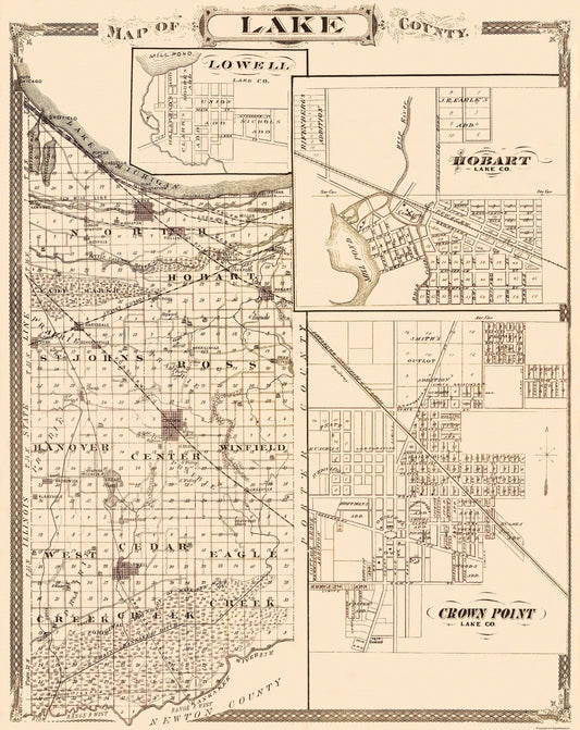 Historic County Map - Lake County Indiana - Andreas 1876 - 23 x 28.94 - Vintage Wall Art