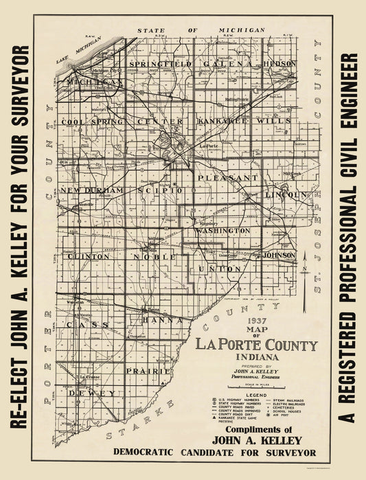 Historic County Map - La Porte County Indiana - Kelley 1937 - 23 x 30.16 - Vintage Wall Art