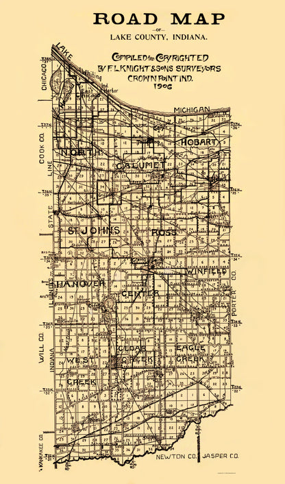 Historic County Map - Lake County Indiana - Knight 1906 - 23 x 39.06 - Vintage Wall Art