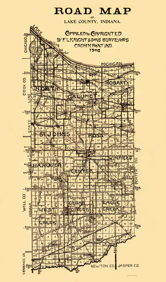 Historic County Map - Lake County Indiana - Knight 1906 - 23 x 39.06 - Vintage Wall Art