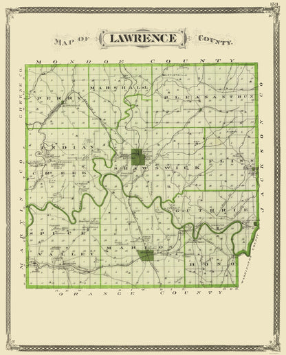 Historic County Map - Lawrence County Indiana - Baskin 1876 - 23 x 28.57 - Vintage Wall Art