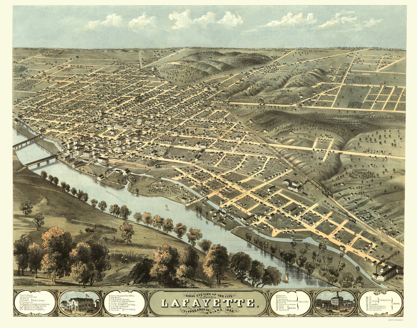 Historic Panoramic View - Lafayette Indiana - Ruger 1868 - 23 x 29.24 - Vintage Wall Art