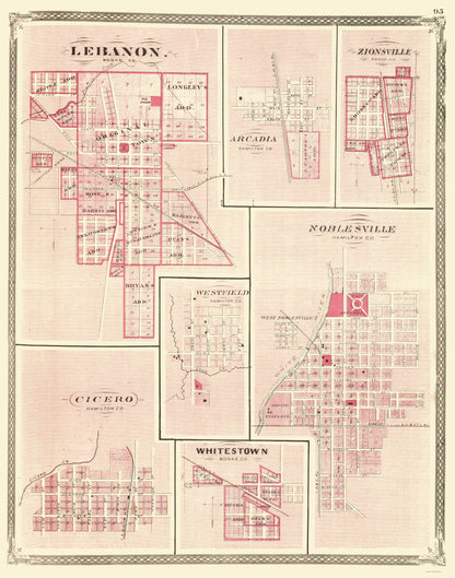 Historic City Map - Lebanon Arcadia Zionsville Indiana - Baskin 1876 - 23 x 29.26 - Vintage Wall Art