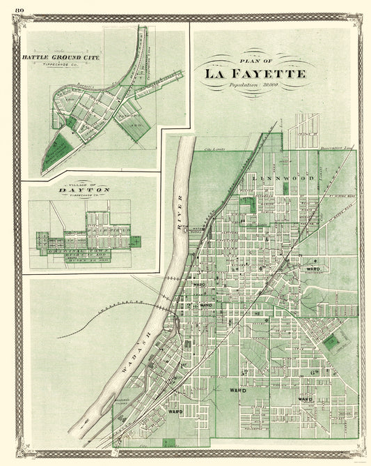 Historic City Map - La Fayette Indiana - Baskin 1876 - 23 x 28.83 - Vintage Wall Art