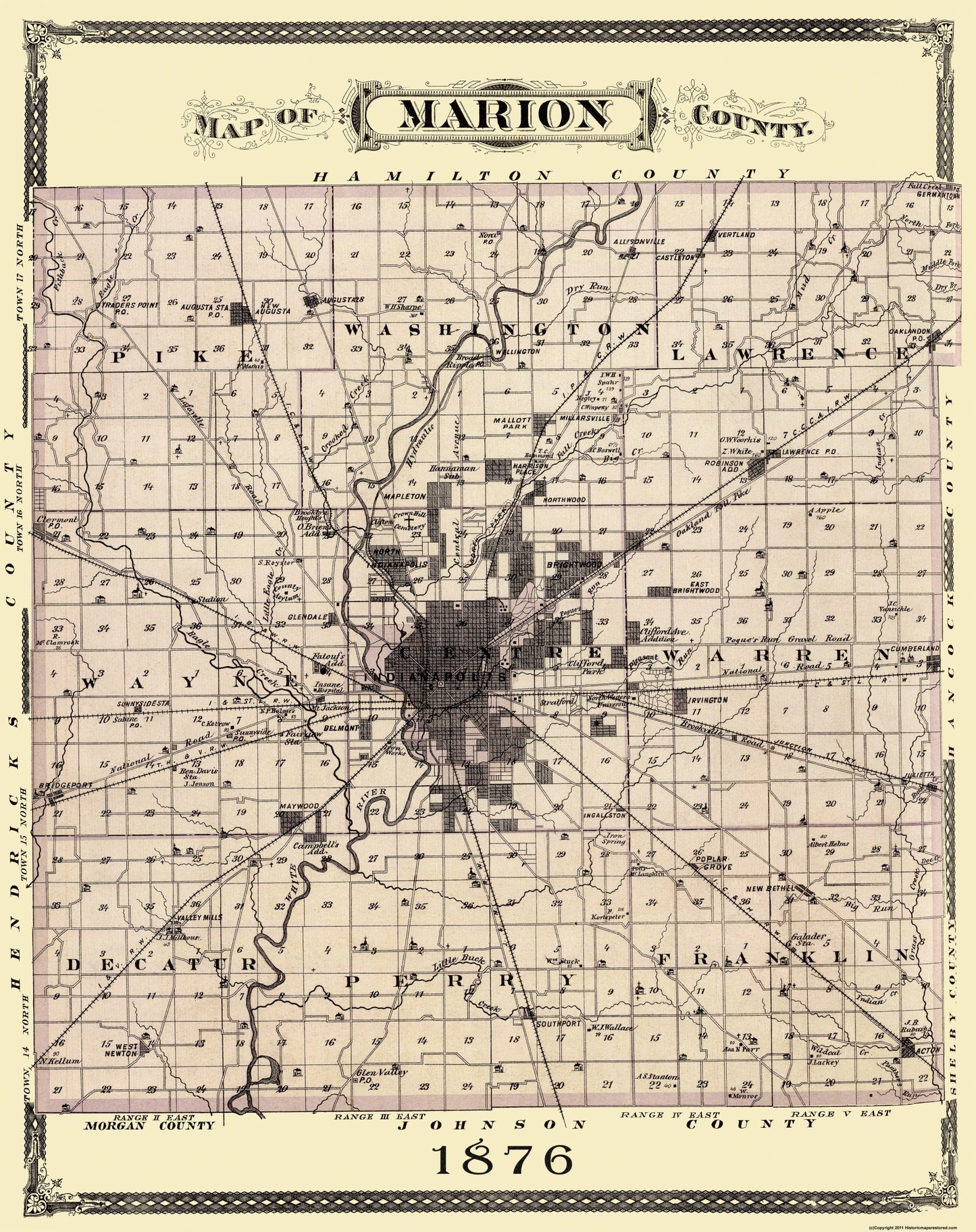 Historic County Map - Marion County Indiana - Andreas 1876 - 23 x 29 - Vintage Wall Art