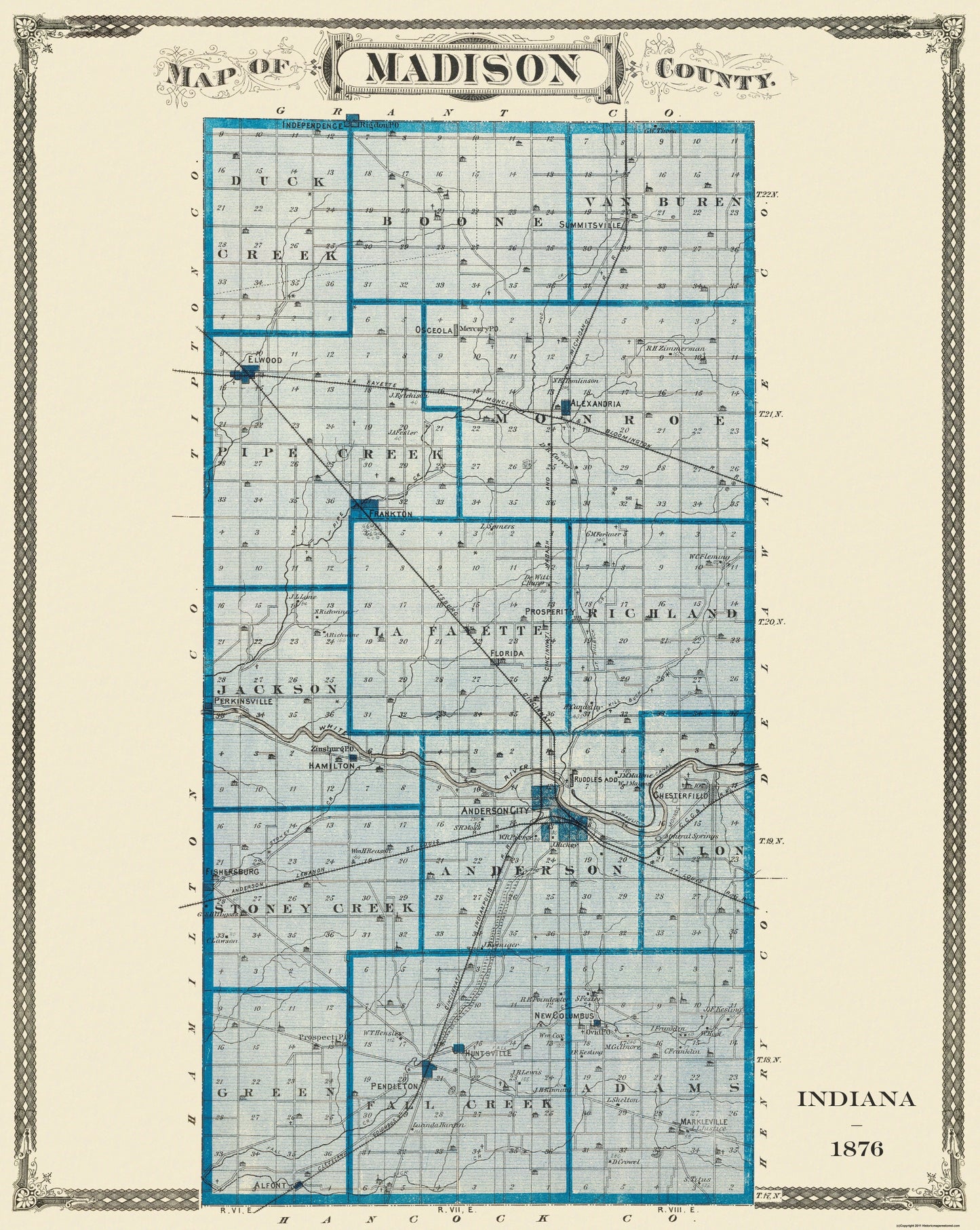 Historic County Map - Madison County Indiana - Andreas 1876 - 23 x 28.88 - Vintage Wall Art