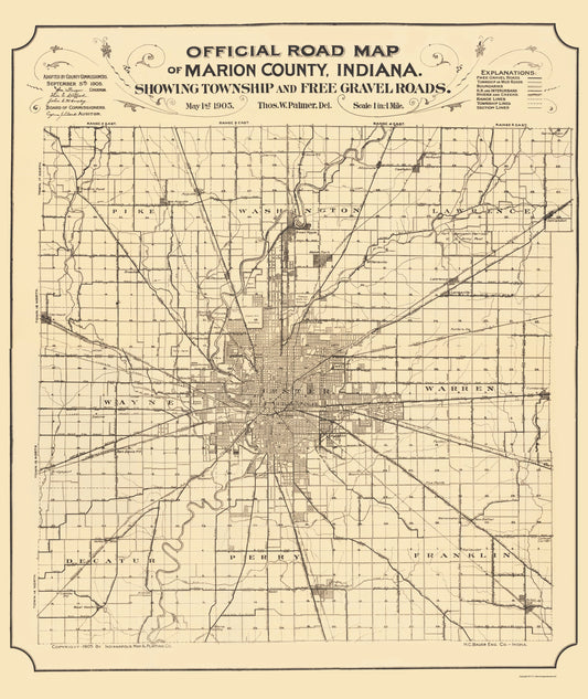 Historic County Map - Marion County Indiana - Palmer 1905 - 23 x 27.32 - Vintage Wall Art