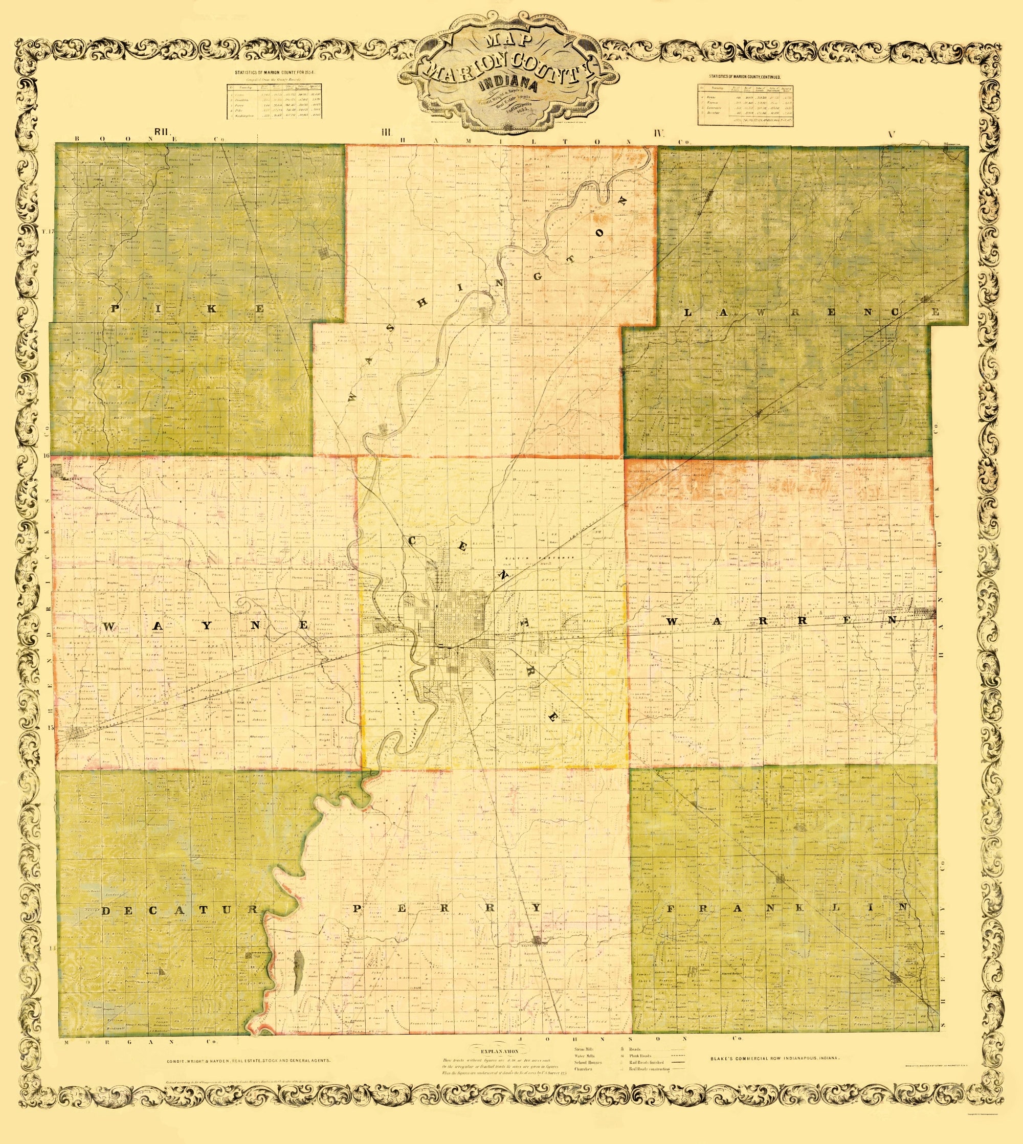 Historic County Map - Marion County Indiana - Wallace 1855 - 23 x 25.7 ...