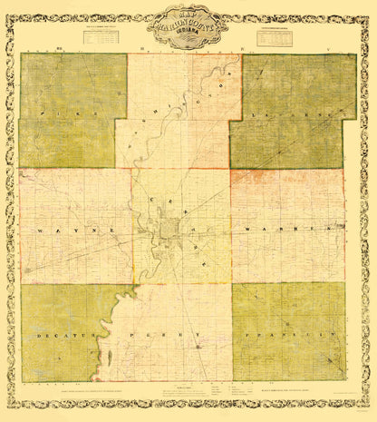 Historic County Map - Marion County Indiana - Wallace 1855 - 23 x 25.73 - Vintage Wall Art