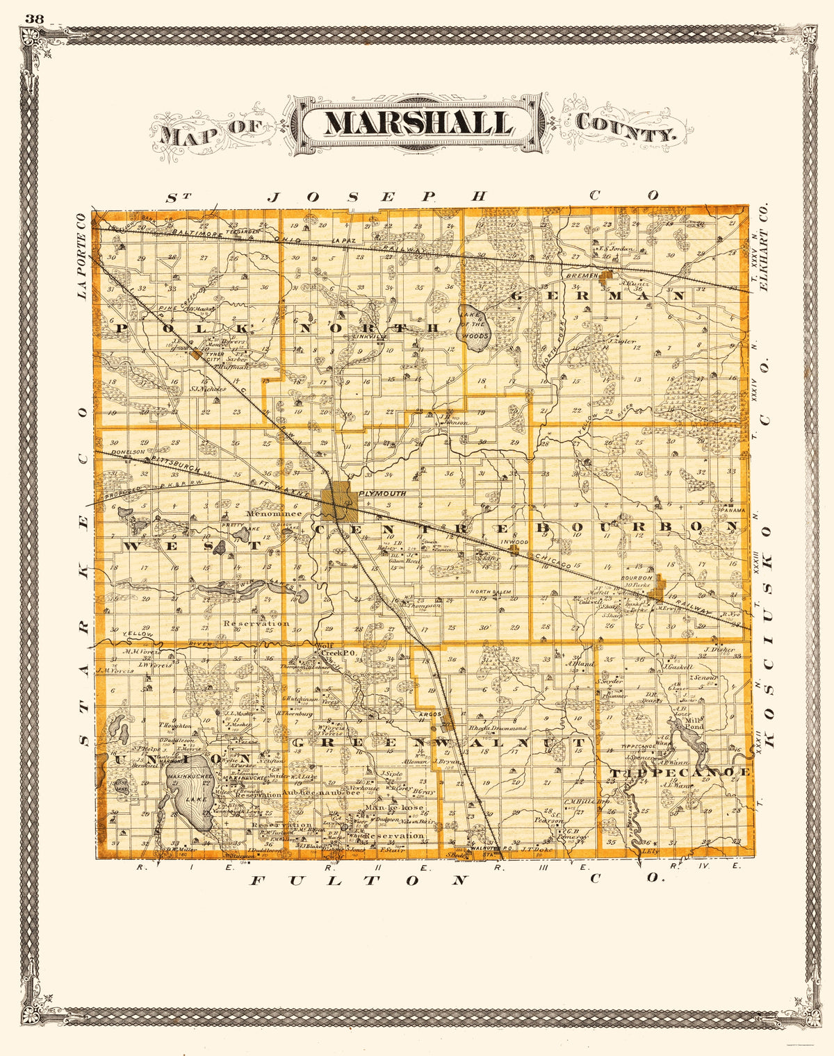 Historic County Map - Marshall County Indiana - Baskin 1876 - Vintage ...