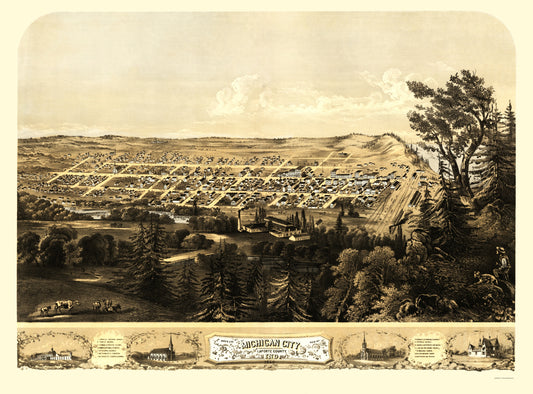 Historic Panoramic View - Michigan City Indiana - Ruger 1869 - 23 x 31.08 - Vintage Wall Art