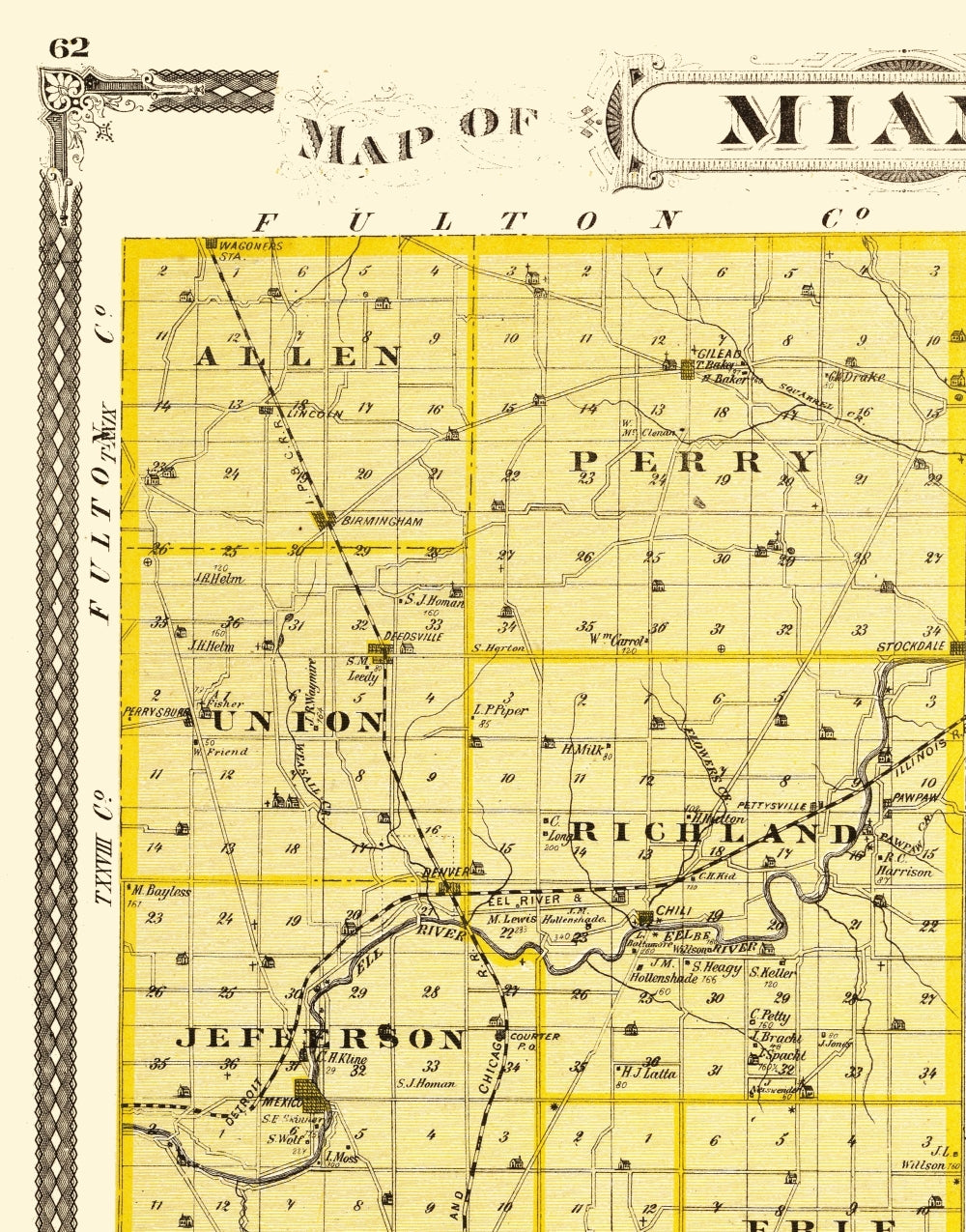 Historic County Map - Miami County Indiana - Baskin 1876 - 23 x 29.33 - Vintage Wall Art