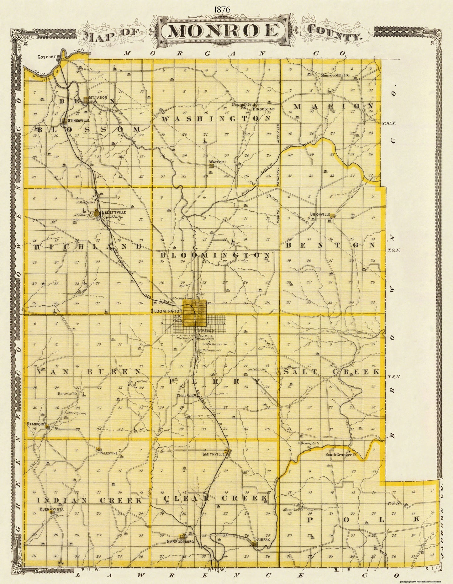 Historic County Map - Monroe County Indiana - Andreas 1876 - 23 x 29.63 - Vintage Wall Art